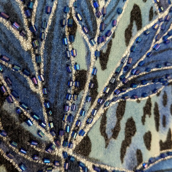 CACHE blue leopard 3/4 sleeve sequined sweater M - Picture 4 of 6